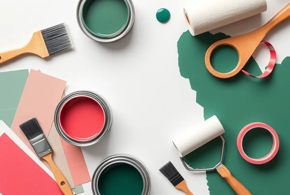 Pots de peinture, nuancier, brosses et rouleaux disposés à plat