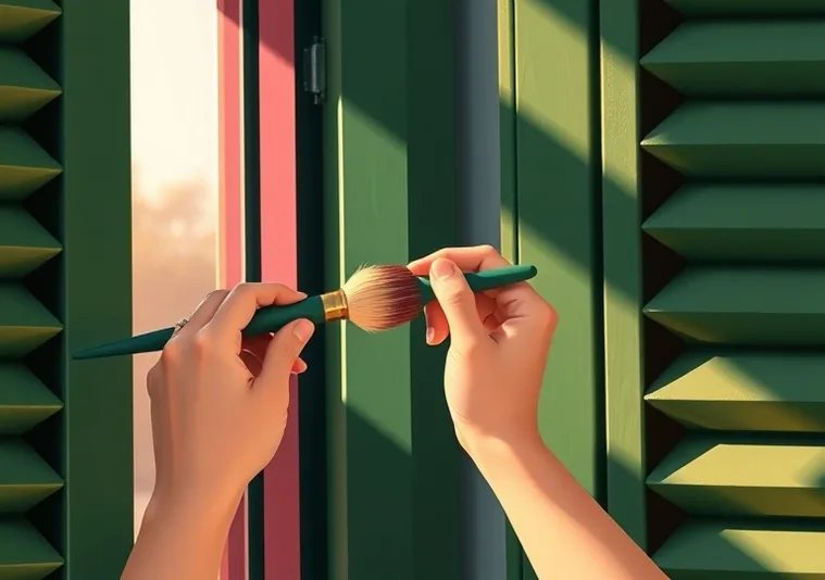 Mise en peinture au pinceau de volets et d'encadrements en bois