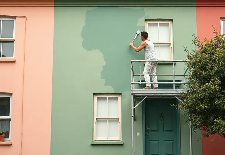 Peintre sur échafaudage traitant la façade d'une maison
