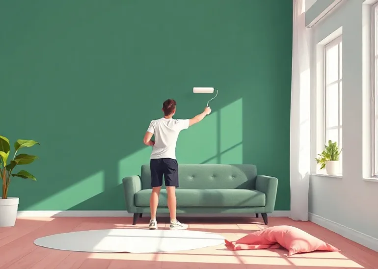 Peintre appliquant la peinture au rouleau sur un mur de salon